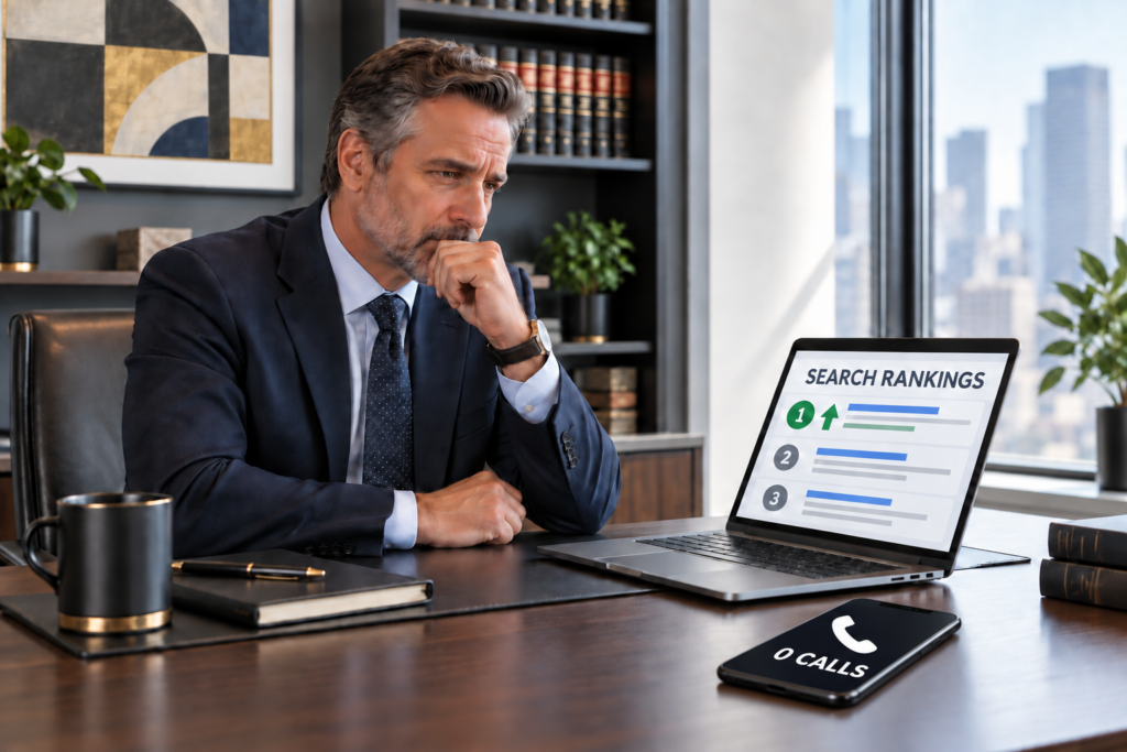 Criminal lawyer reviewing first-place search rankings while his phone shows zero calls